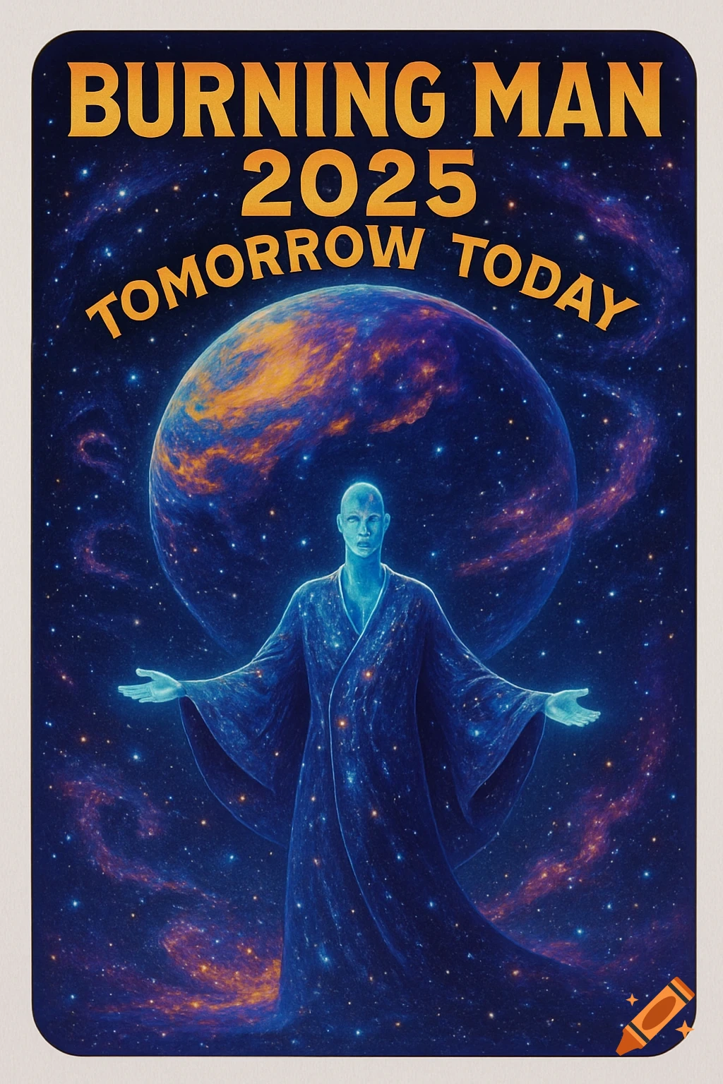 A space-themed poster with a glowing blue figure in robes standing before a large planet and stars, with the text 'Burning Man 2025 Tomorrow Today'.
