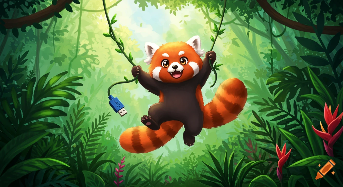A cute anime red panda happily swings on a blue USB cable vine in a lush green jungle.
