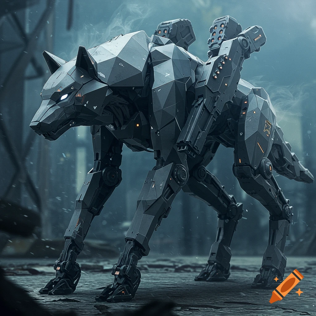 A dark gray, angular robotic wolf with glowing white eyes and orange lights stands in a misty, ruined urban environment.