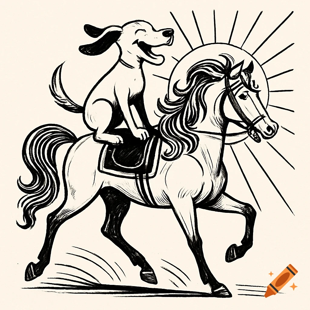 Black-and-white line drawing of a joyful dog riding a trotting horse with a flowing mane, against a backdrop of sun rays.