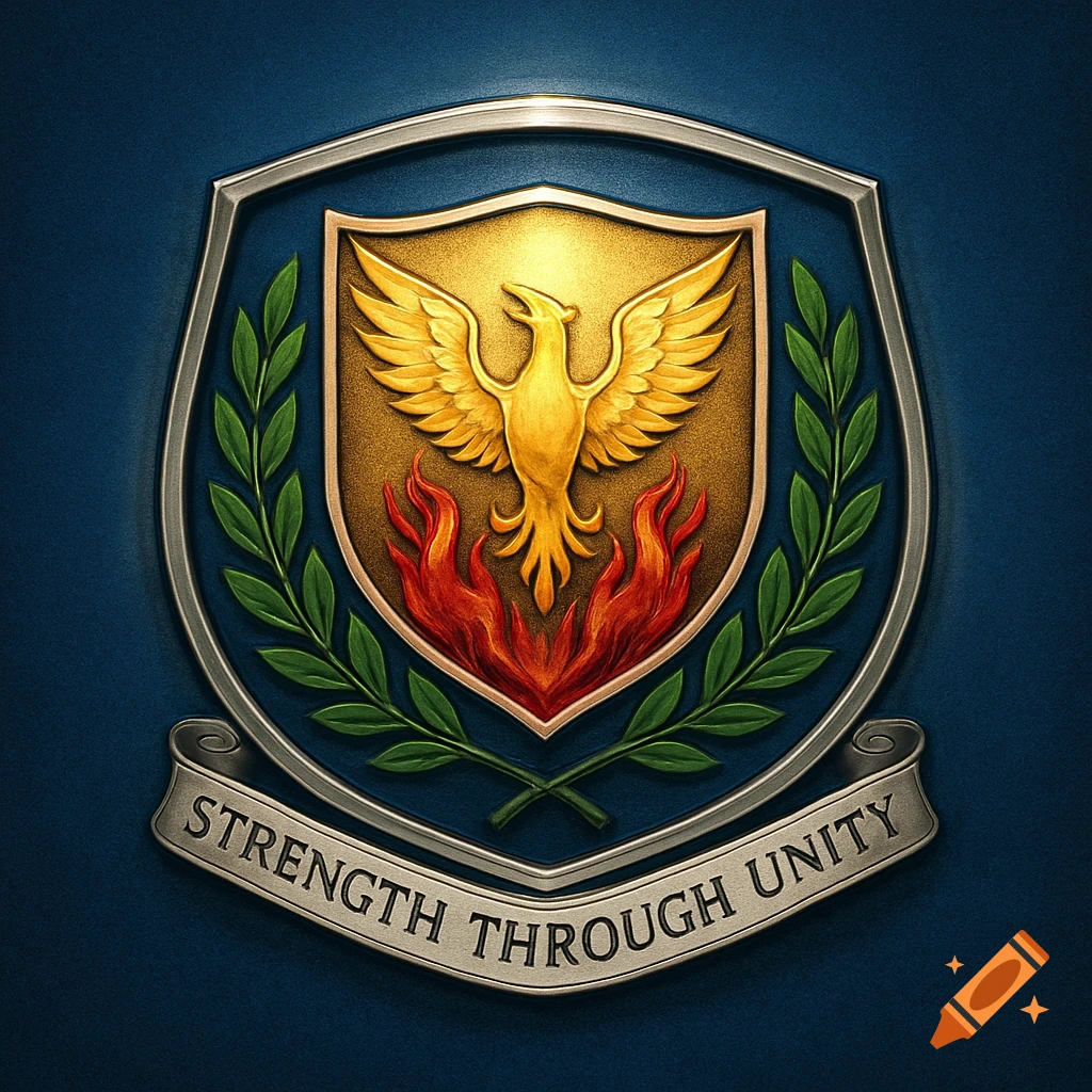 A detailed metallic crest featuring a golden phoenix rising from red flames, flanked by green leaves, with a banner reading 'Strength Through Unity' at the bottom, against a blue background.