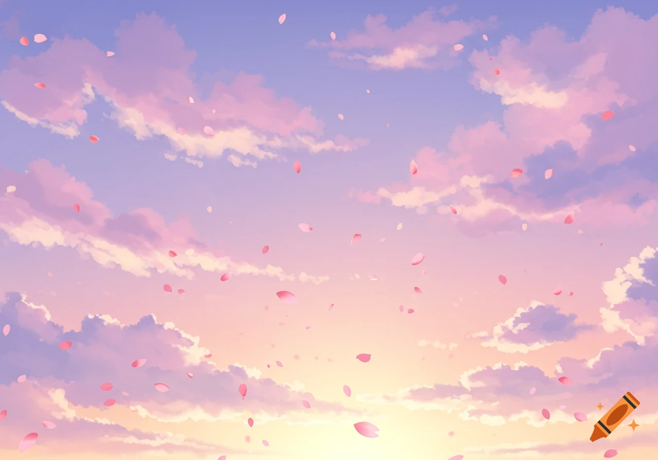 Pastel anime-style sunset sky with pink and purple clouds and falling cherry blossom petals.