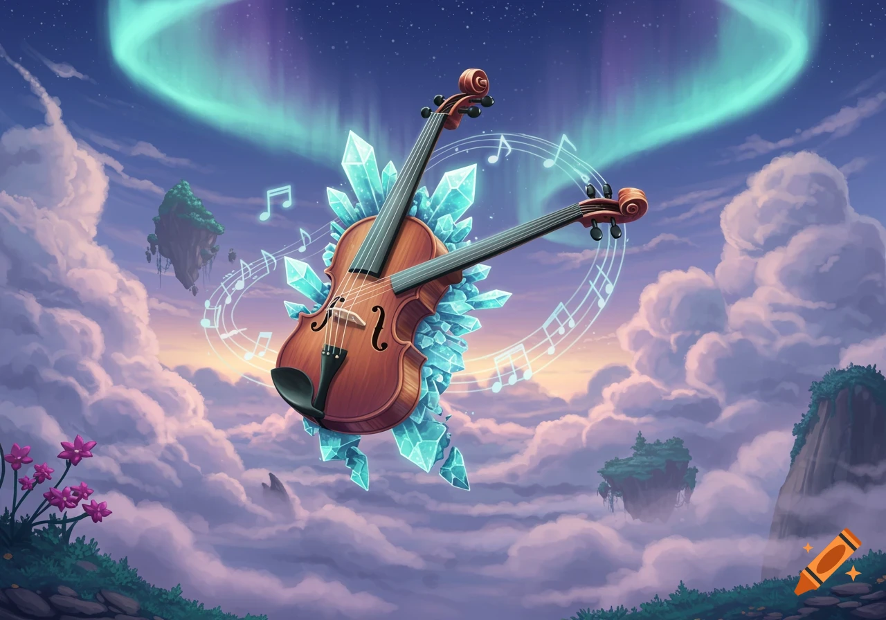 A fantasy violin with two necks, surrounded by blue crystals and musical notes, floats in a sky with clouds, aurora, and floating islands.