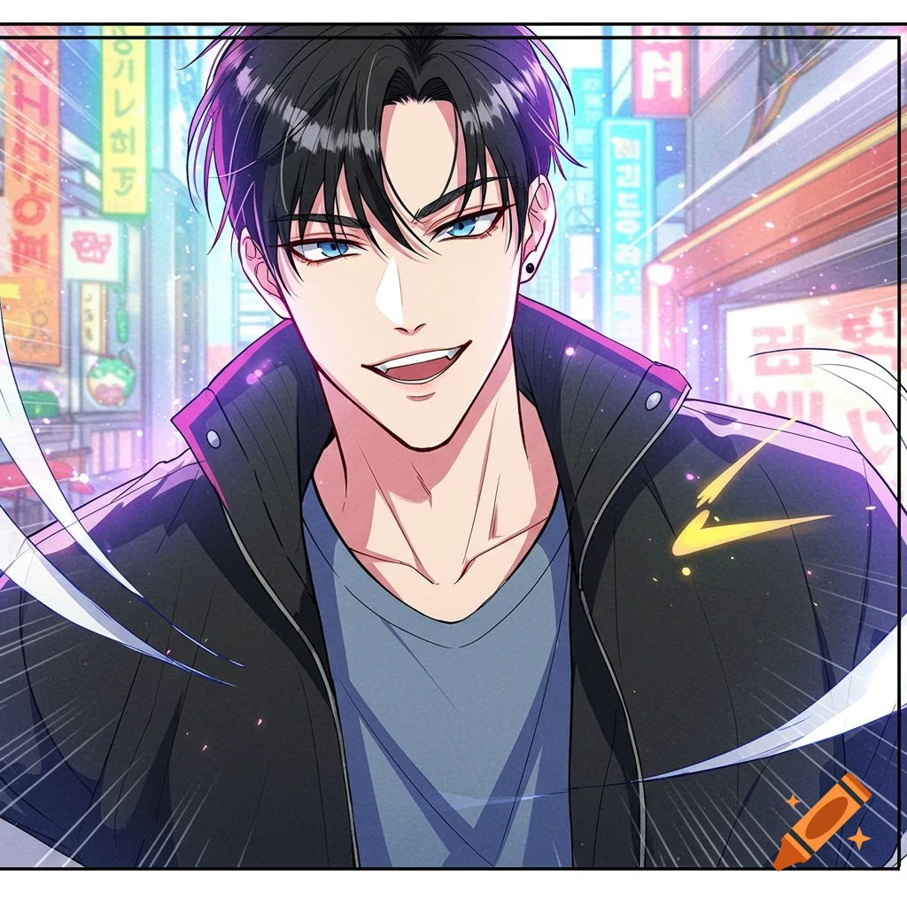 Manhwa-style illustration of a man with black hair and blue eyes, smiling cockily, standing in a city at night with neon lights.