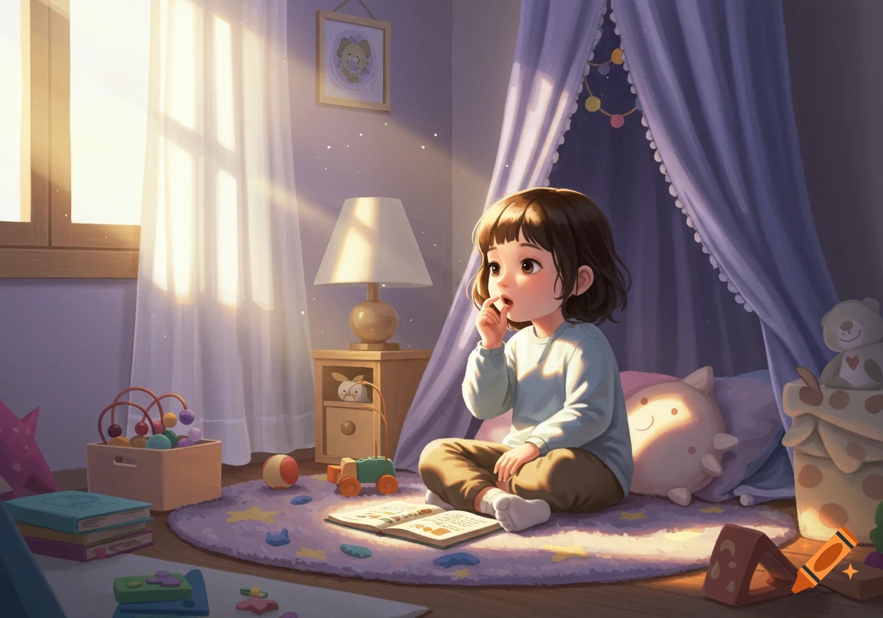 A young cartoon girl sits on a purple rug, reading a book in a sunlit bedroom filled with toys.