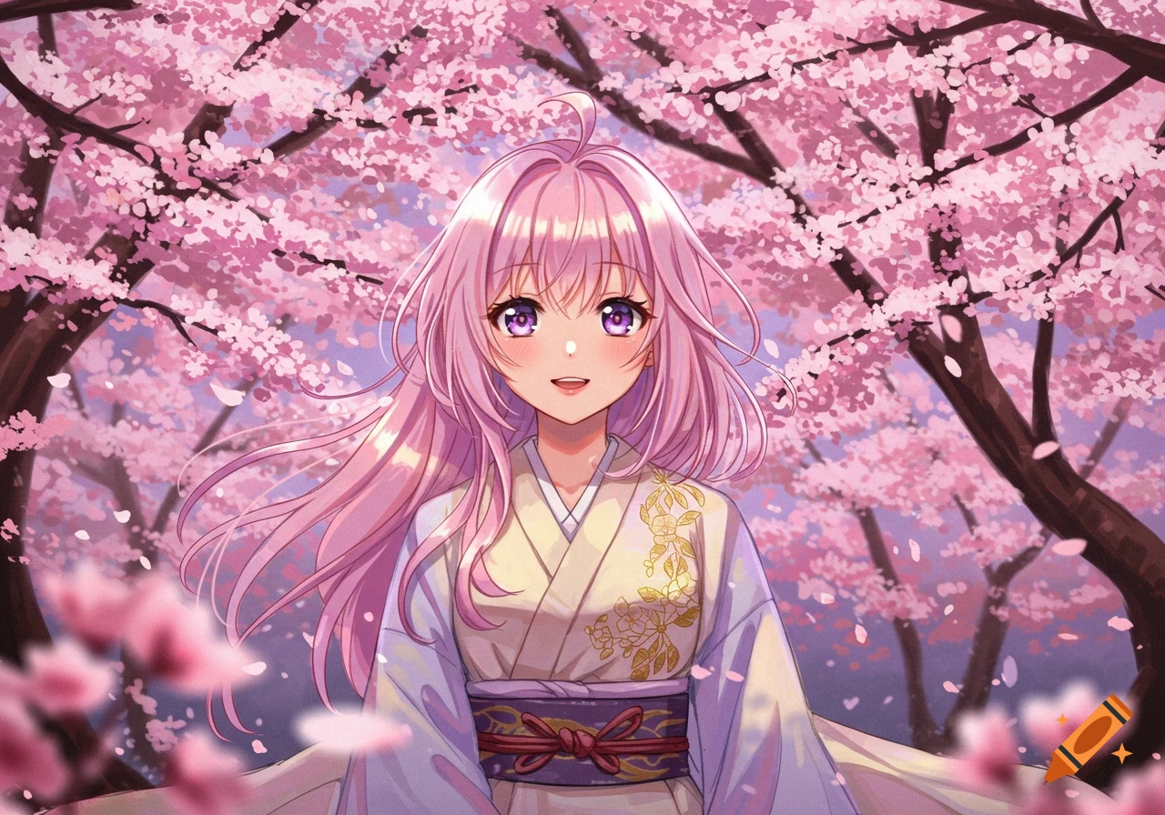 Anime girl with pink hair and purple eyes smiling amidst vibrant pink cherry blossoms.