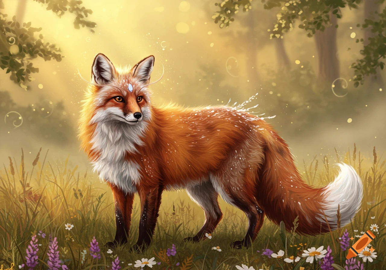 A mystical red fox with a gem on its forehead stands in a golden, misty forest clearing amidst wildflowers and tall grass.