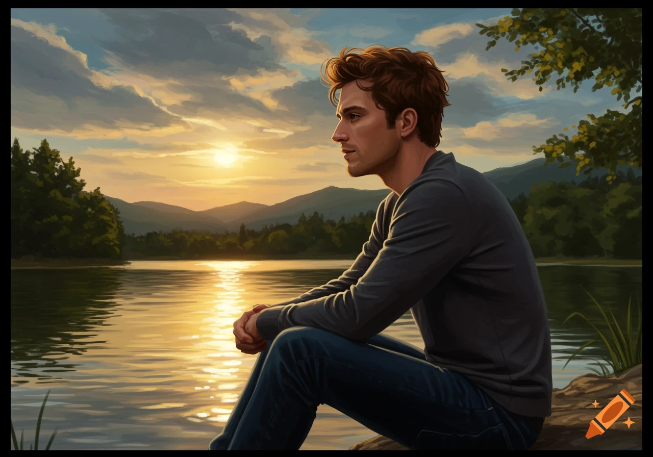 A man with reddish hair sits by a lake, gazing at the vibrant sunset reflecting on the water, with mountains and trees in the distance.