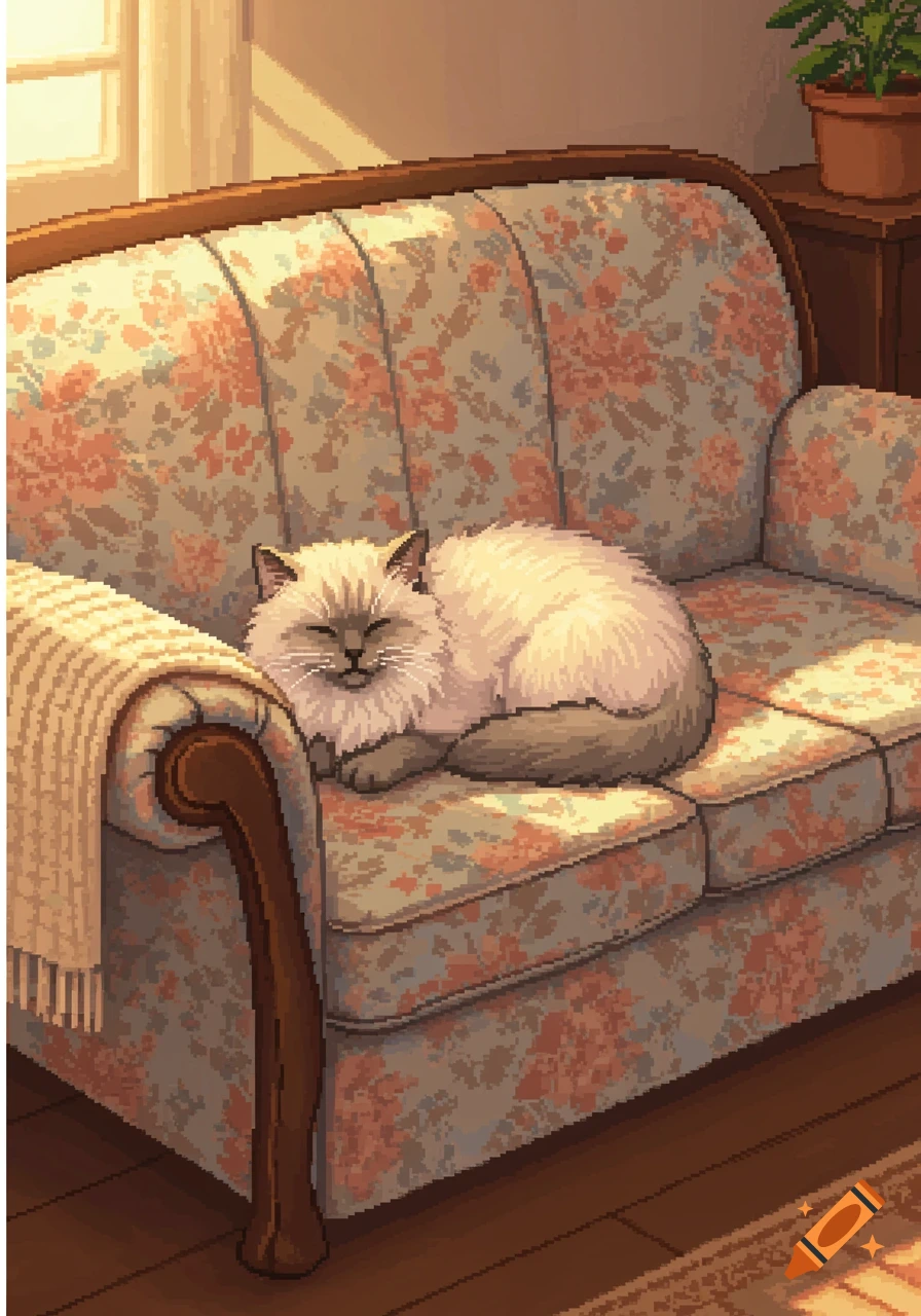 A white cat sleeps curled up on a floral patterned couch, rendered in a pixel art style, with sunlight streaming from a window.