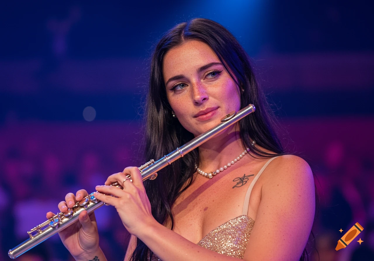 A young woman with long dark hair and a pearl necklace plays a silver flute on stage under purple and blue lights, with a slight smirk.
