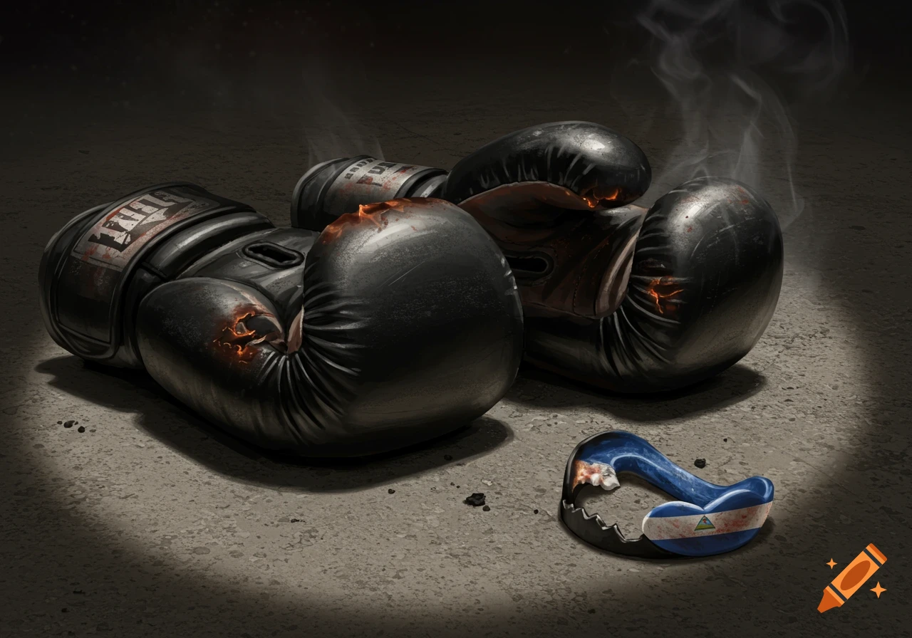 Two charred black boxing gloves and a mouthguard with the Nicaragua flag lie on a dark concrete floor, emitting smoke.