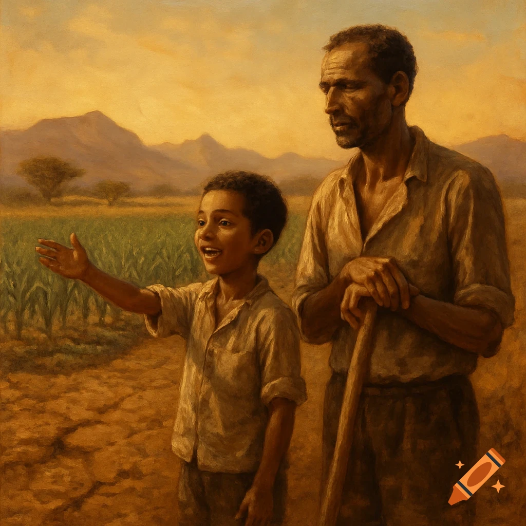 A painting of a father and son in a dry field at sunset, with mountains in the background.