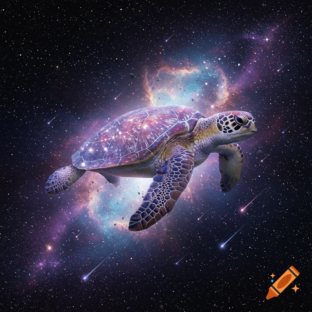 A photorealistic cosmic sea turtle with a starry shell swims through a vibrant nebula with shooting stars.