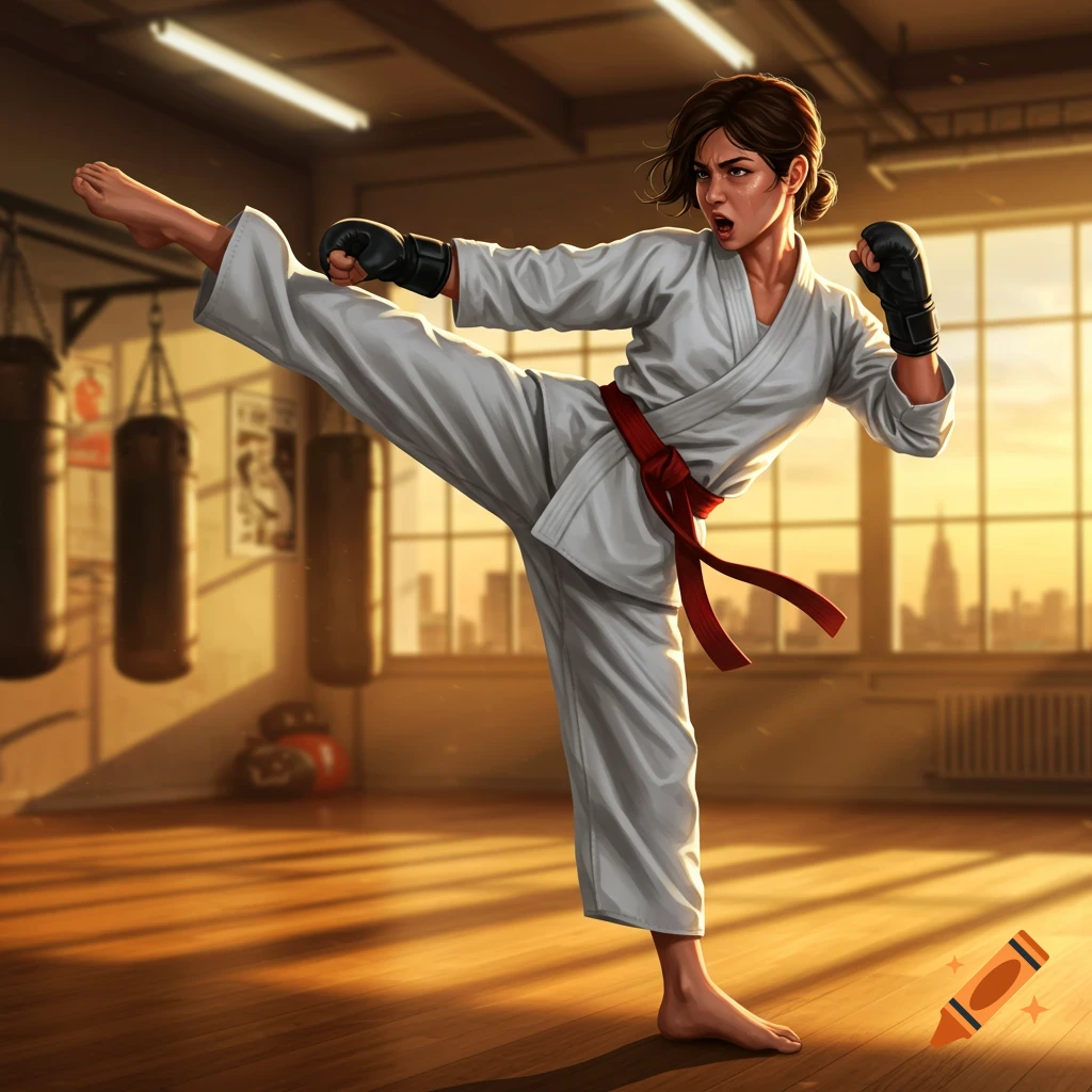 A determined female martial artist in a white dobok and black gloves performs a high kick in a sunlit gym.