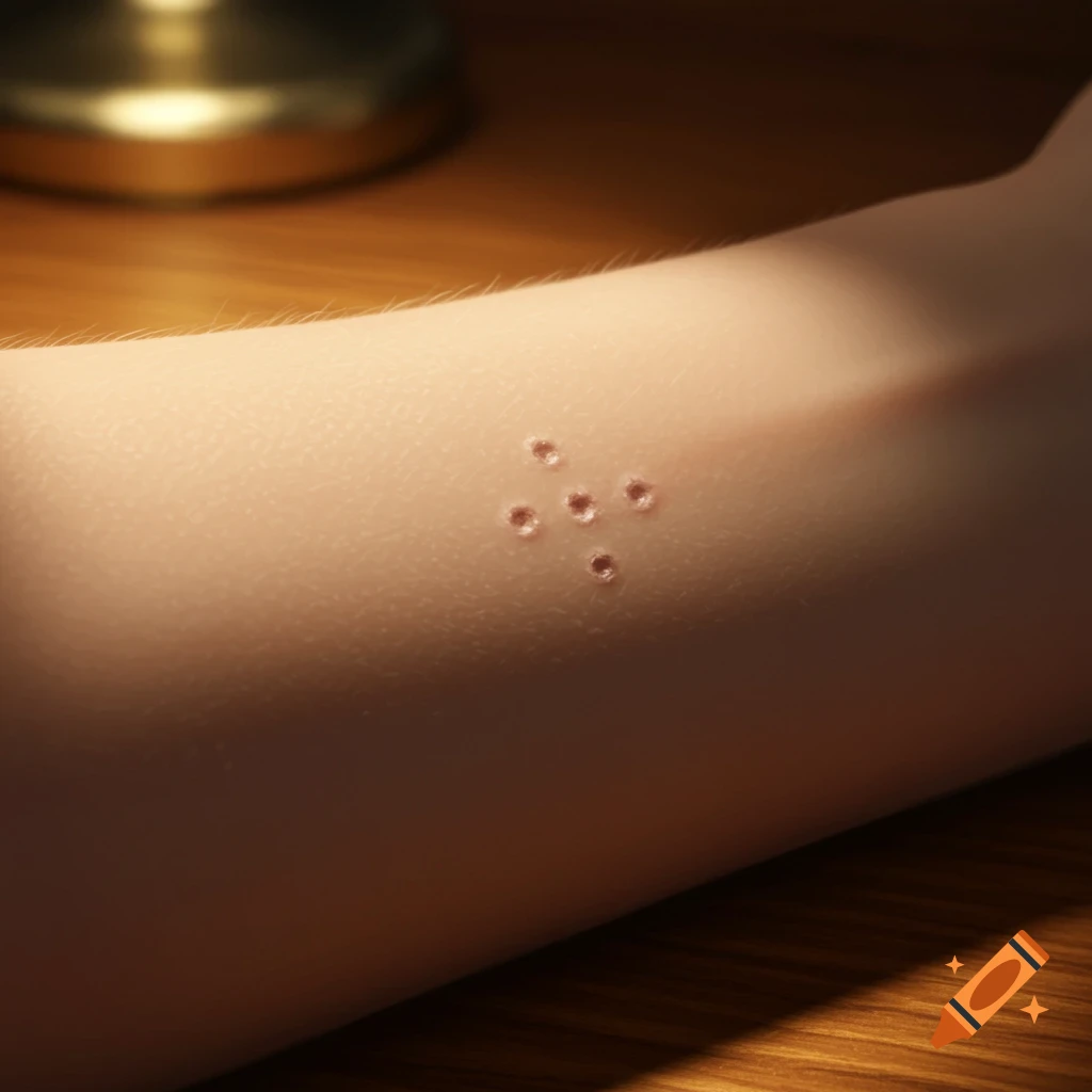 Close-up of a human arm with small, dot-like scars arranged in a triangular pattern on the skin.