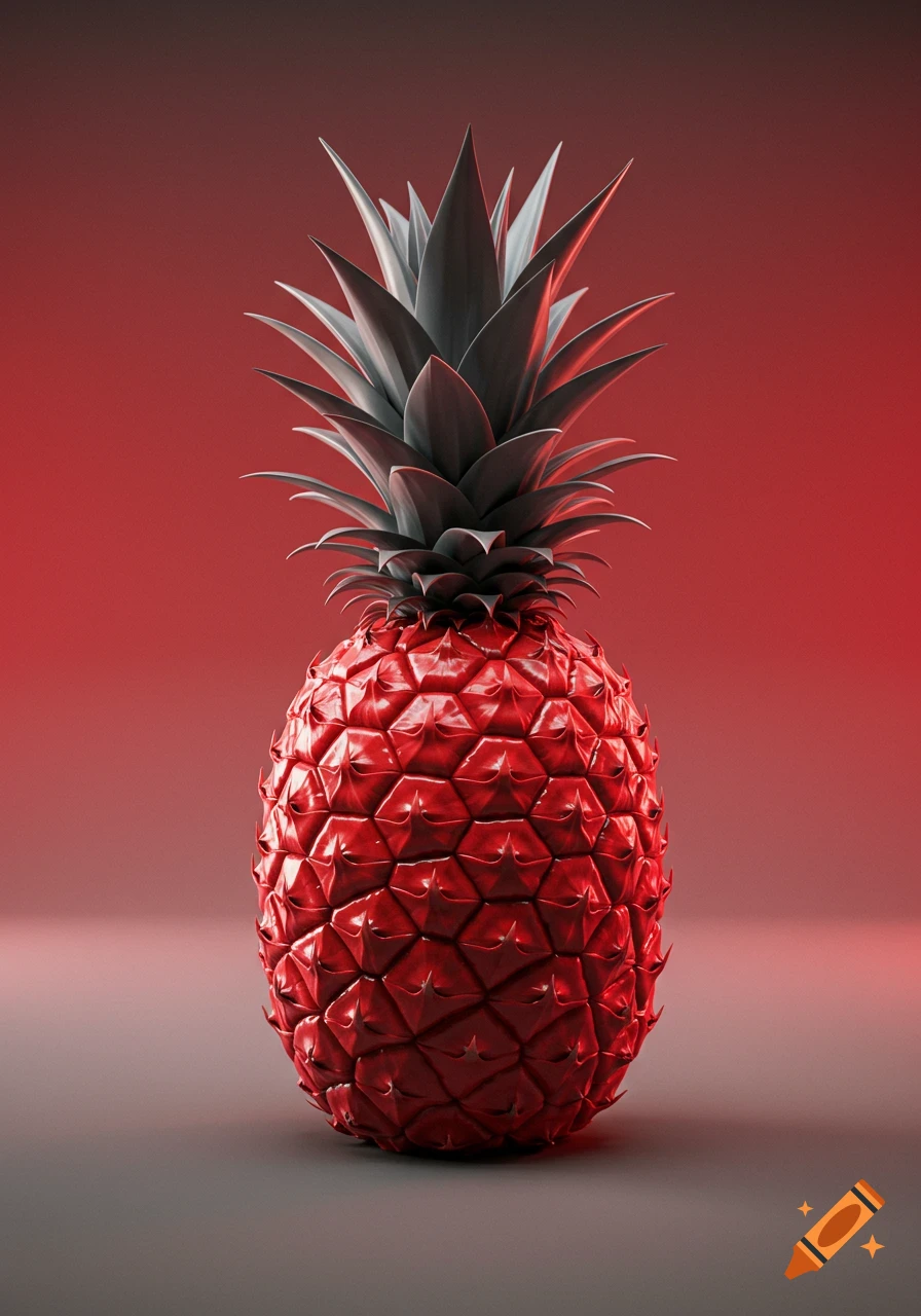 A scarlet red metallic pineapple with dark grey leaves sits on a grey surface against a red gradient background.