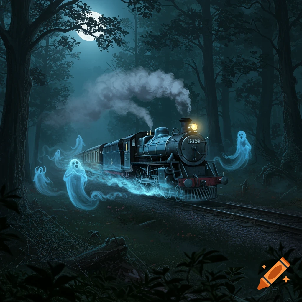 A spooky ghost train with glowing blue spirits travels through a dark, moonlit forest at night.