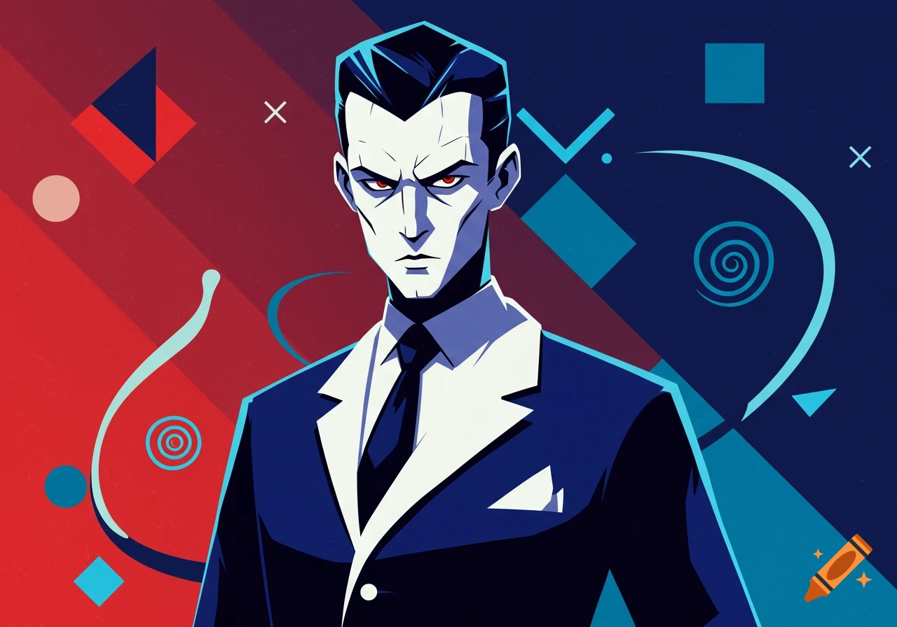 Stylized vector art portrait of a stern man in a blue suit with red eyes against a red and blue geometric background.