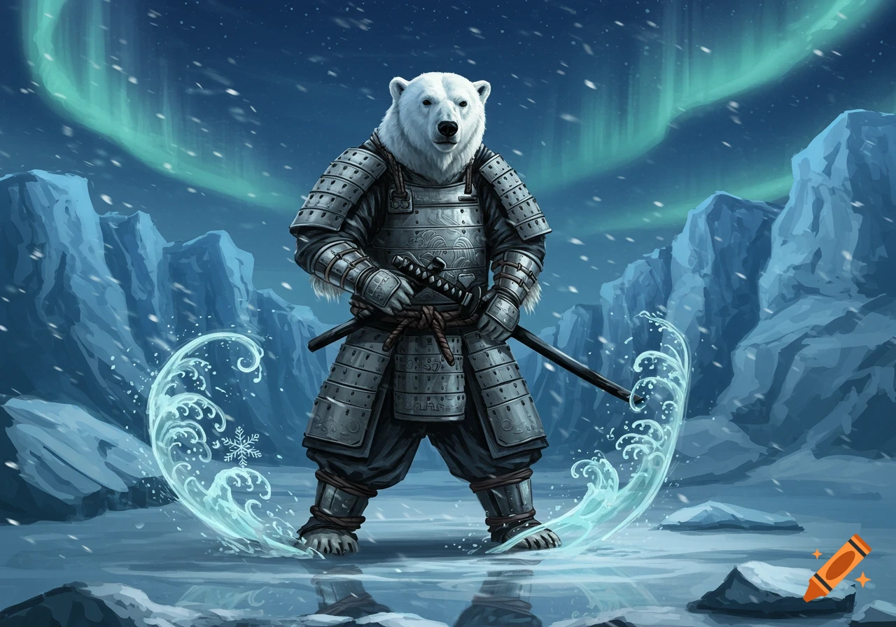 A majestic polar bear in samurai armor stands holding a katana amidst a snowy arctic landscape with aurora borealis.