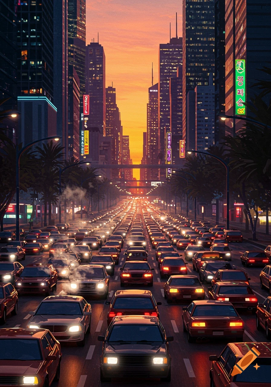 A busy city street at sunset, packed with cars in heavy traffic stretching into the distance under an orange sky. Tall buildings line both sides of the road.