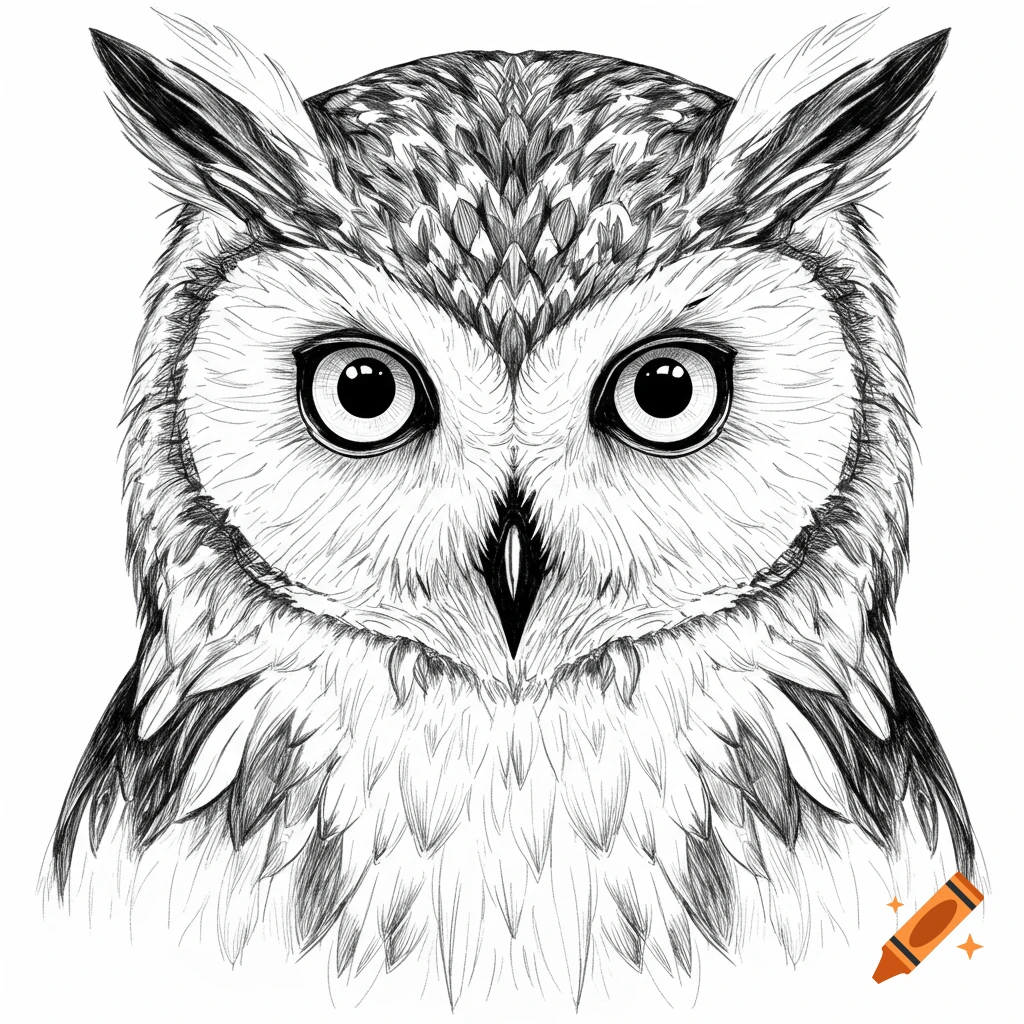 A detailed black and white fine line drawing of an owl's head with large, wide eyes.