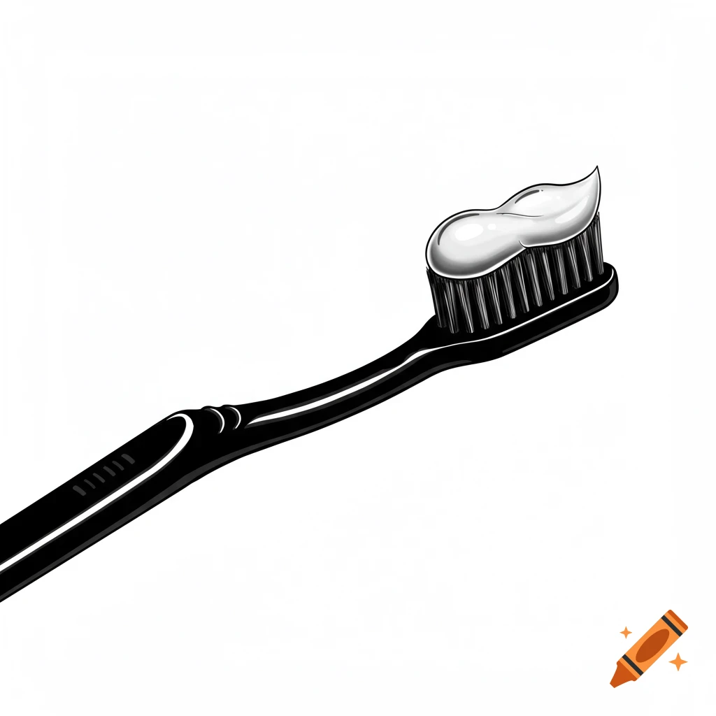 A black toothbrush with a dollop of white toothpaste on its bristles, in a simple black and white illustration style.