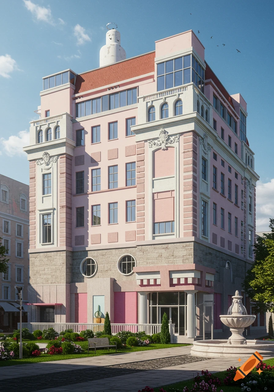 Photorealistic postmodern pink and white building with a unique steeple, a stone fountain, and a green park under a blue sky.