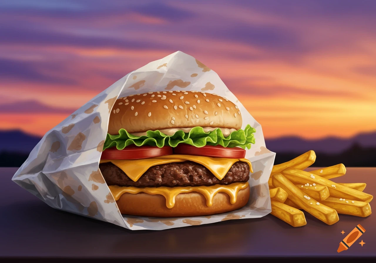 An illustrative image of a cheeseburger wrapped in paper with fries next to it, against a sunset background.