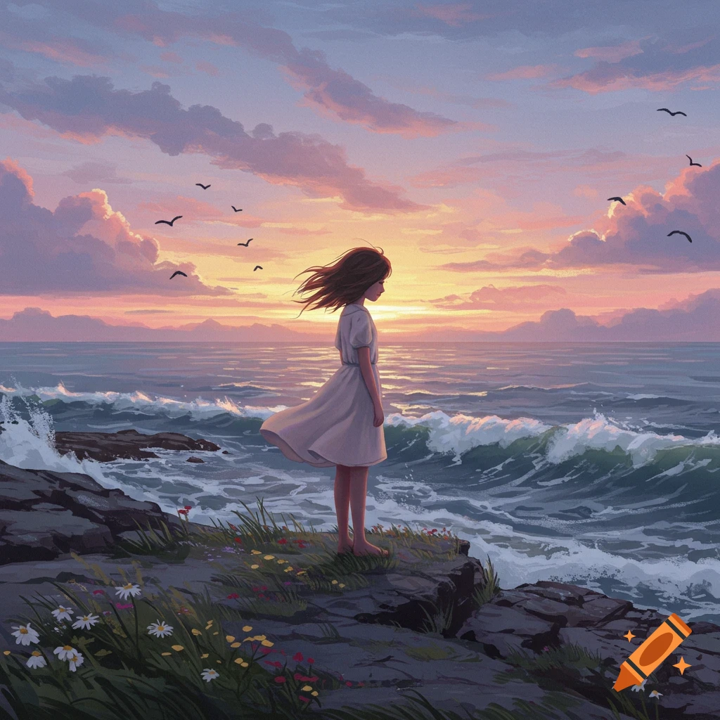 A girl stands on a rocky cliff overlooking a vast ocean at sunset, with waves crashing and birds flying. Anime art style.