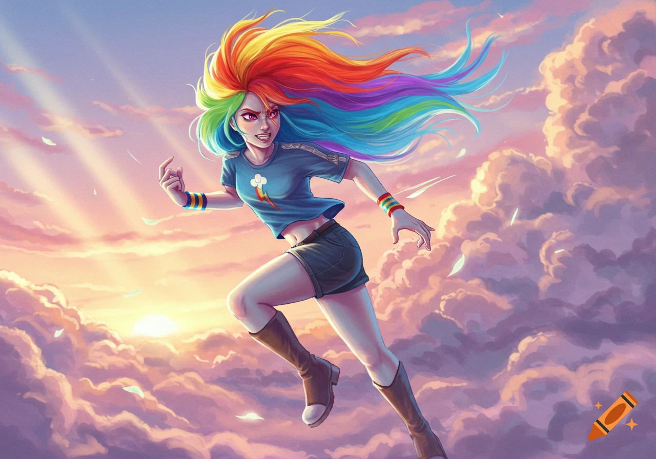 A vibrant, stylized digital art piece of a humanized Rainbow Dash flying through a pastel sky filled with clouds at sunset, with light rays.