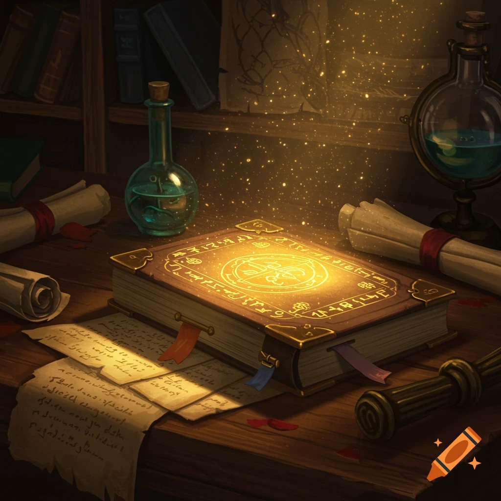 A glowing magical book on a wooden desk surrounded by scrolls, potions, and old papers, in a dim, atmospheric digital painting.