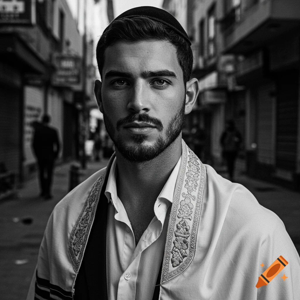 Photorealistic black and white portrait of a young Jewish man with a beard and kippah, wearing a tallit, standing in a street.