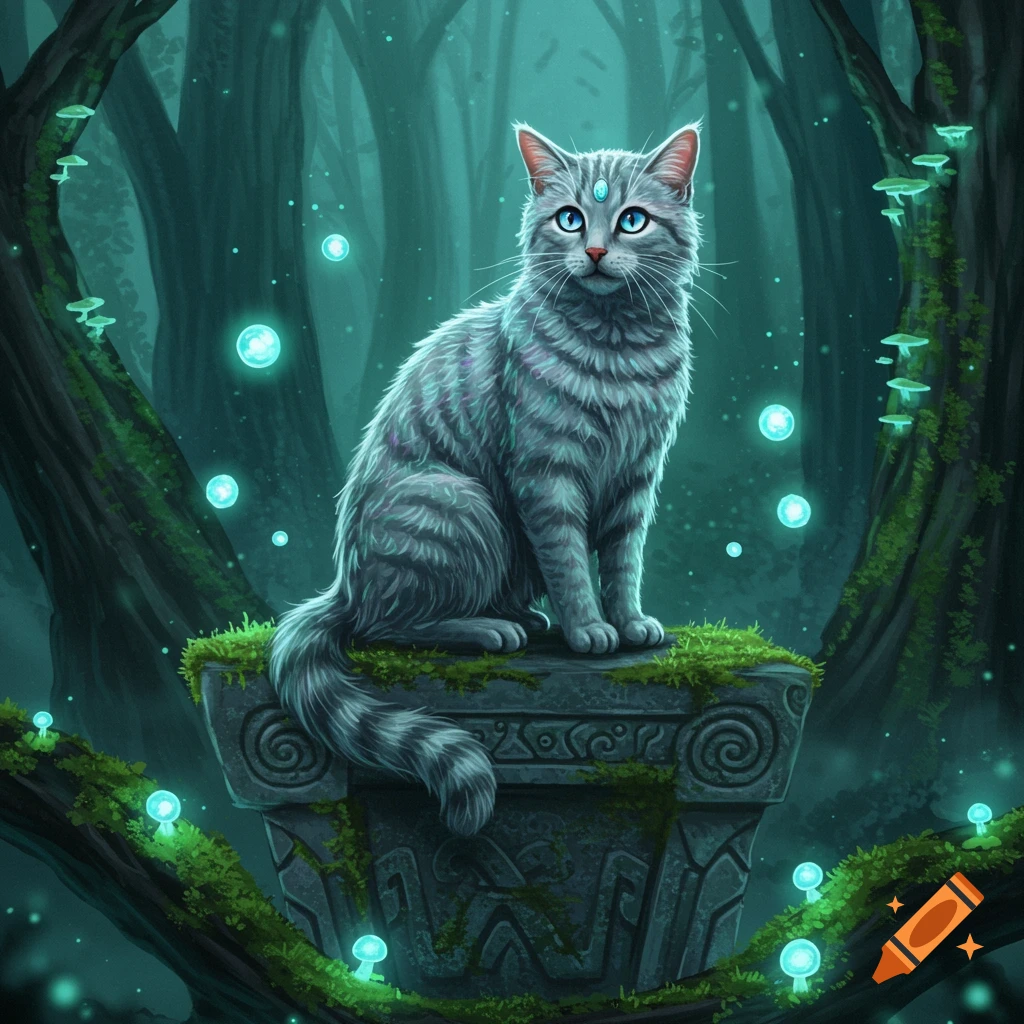 A mystical grey cat with blue eyes on a mossy pedestal in a dark, glowing forest with blue orbs and mushrooms. Digital art.