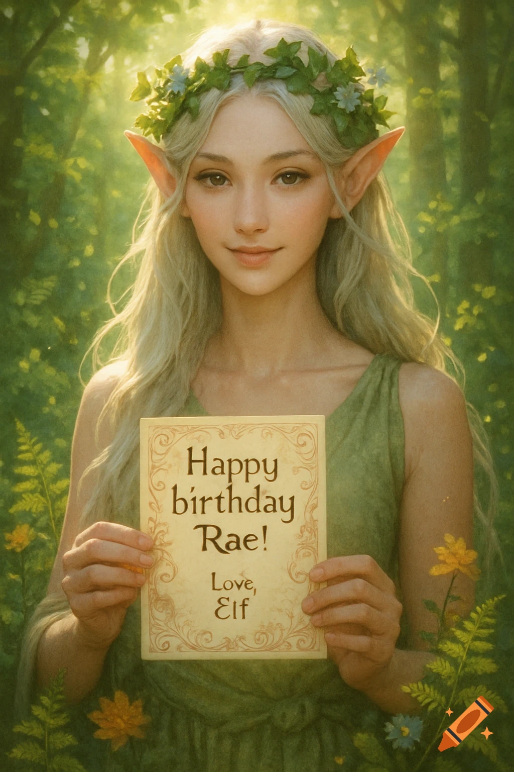 Photorealistic portrait of an elf woman with long blonde hair and a leaf crown, holding a birthday card in a sunlit forest.