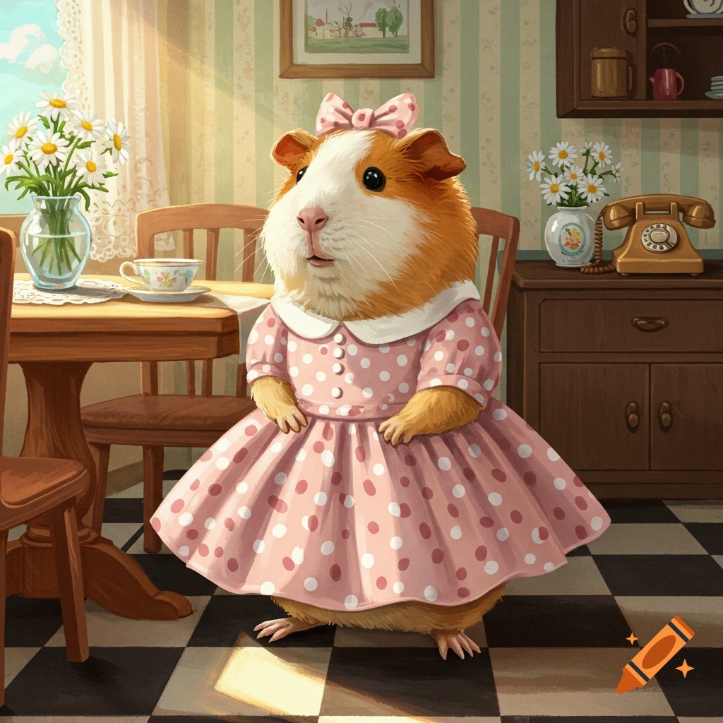 An adorable guinea pig in a pink polka dot dress and bow stands in a cozy, sunlit room with vintage furniture.