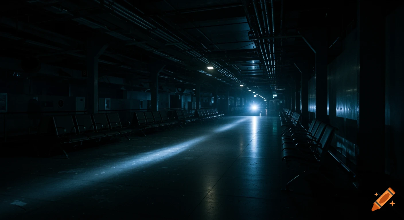 A long, dark airport terminal corridor with rows of empty seats, illuminated by a bright light at the far end, casting a blue glow on the floor.