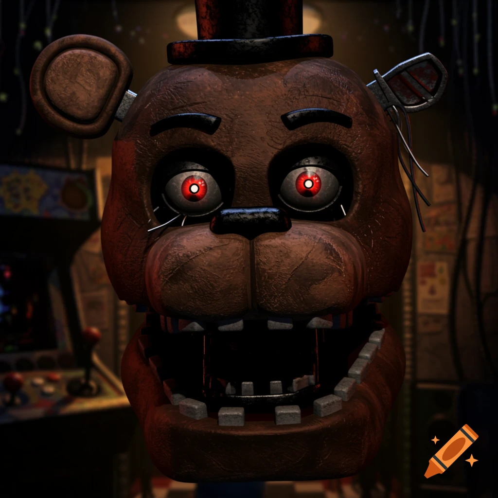 Close-up of a damaged brown animatronic bear, Withered Freddy, with glowing red eyes and an open mouth, wearing a black top hat, in a dark setting.