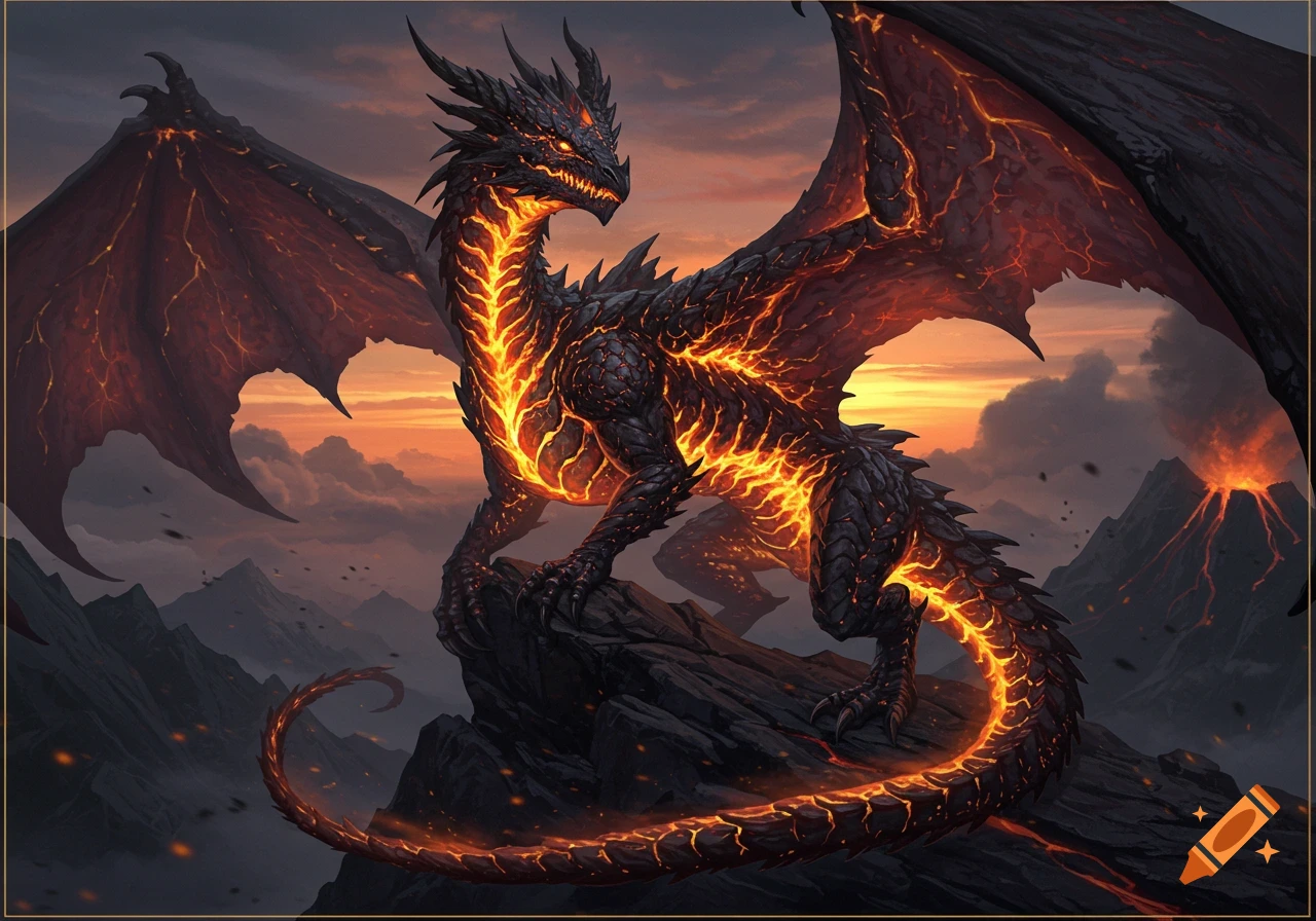 A majestic black dragon with glowing orange and yellow molten scales stands on a rocky mountain, against a fiery sunset sky with a smoking volcano.