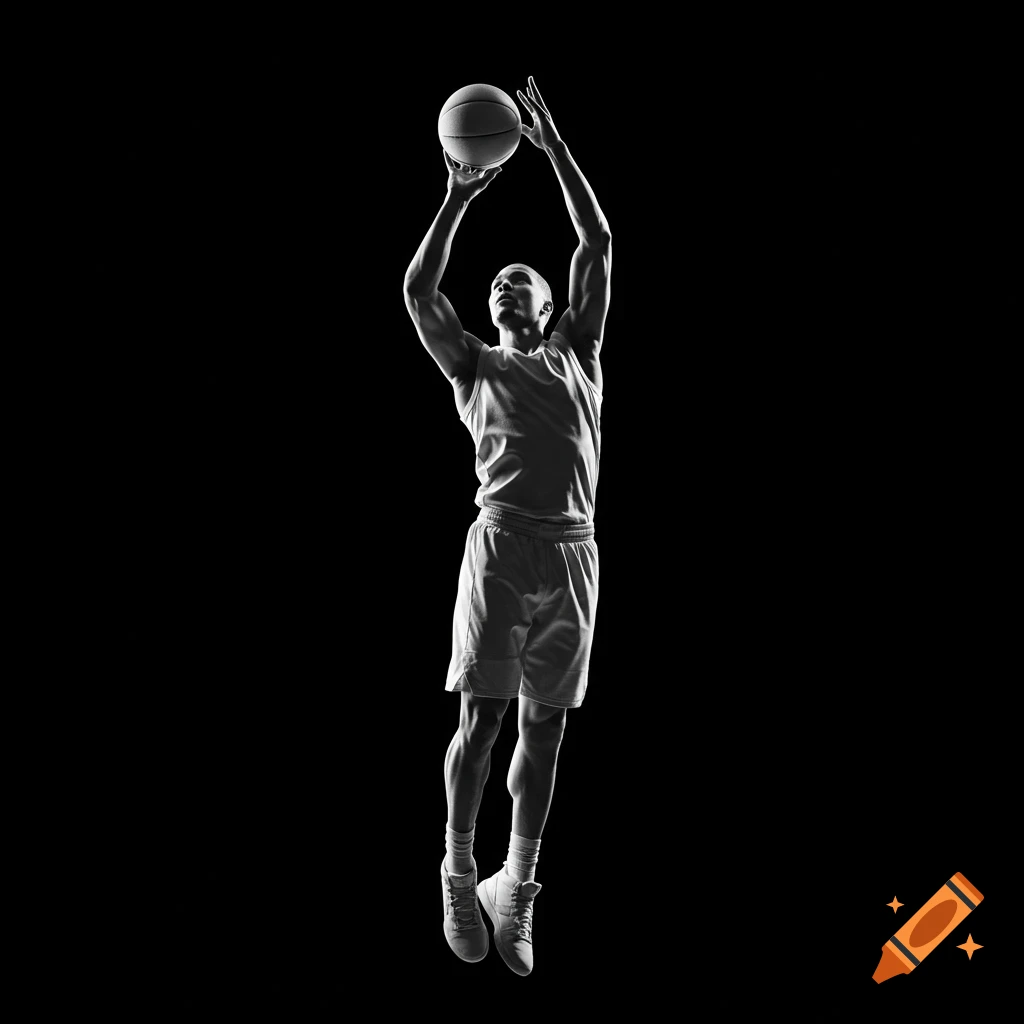 A black and white high-contrast silhouette of a male basketball player jumping to shoot a ball.