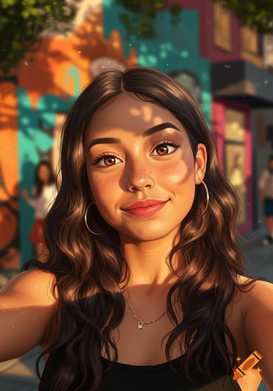 Close-up digital art portrait of a smiling young woman with long dark wavy hair and freckles, bathed in sunlight.