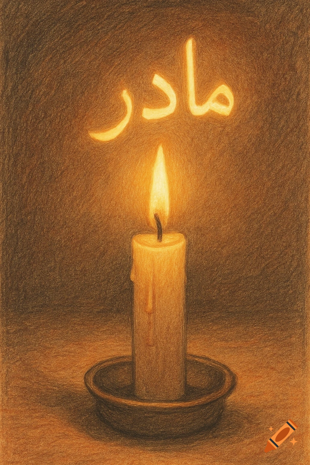 A colored pencil drawing of a glowing candle in a dark space with the glowing Persian word 'مادر' above it.