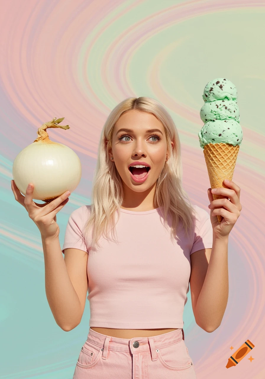 A blonde woman in a pink top holds a large onion in one hand and a three-scoop mint chocolate chip ice cream cone in the other against a colorful swirling background.