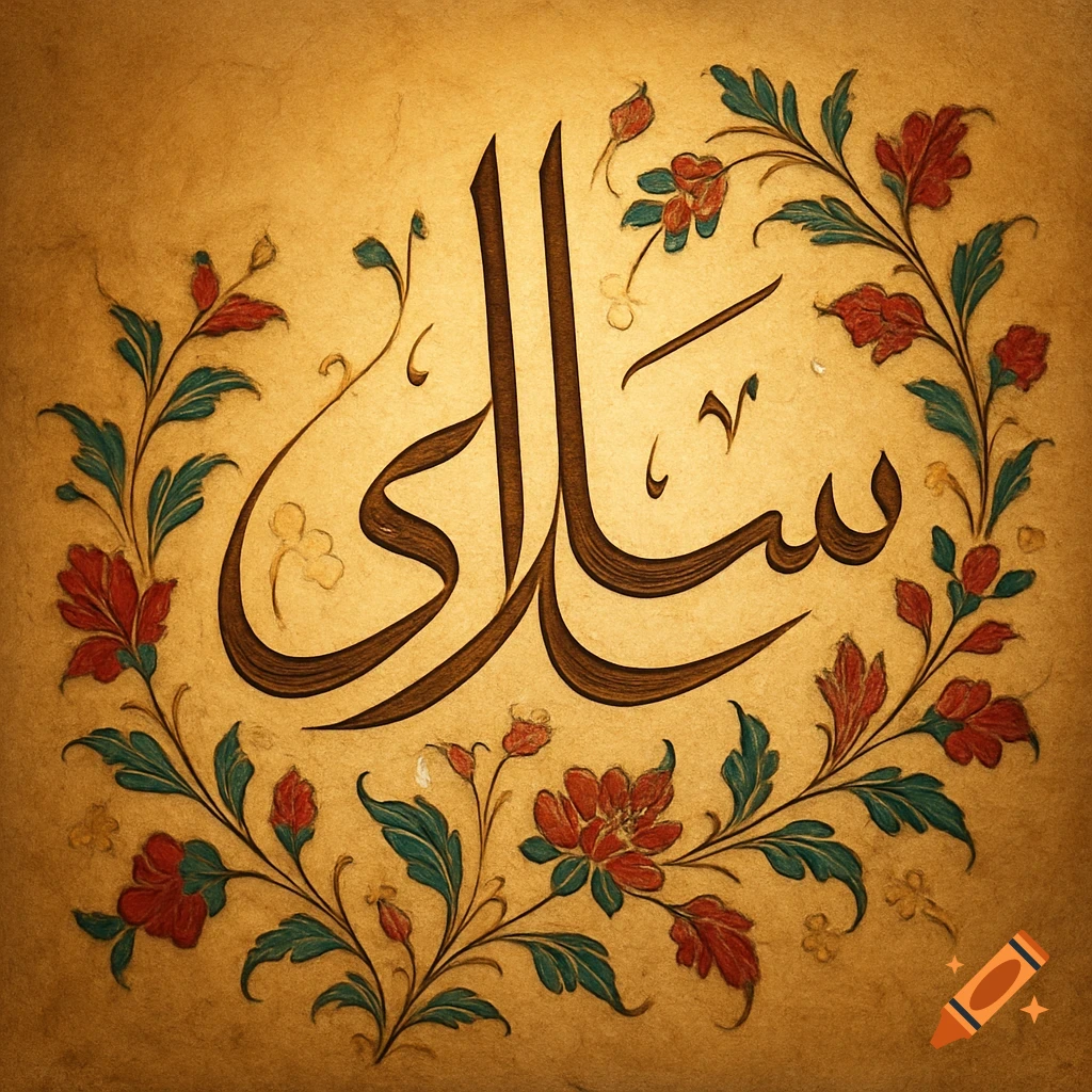 Arabic calligraphy of the word 'Salam' in brown script on gold, surrounded by red and green floral patterns.