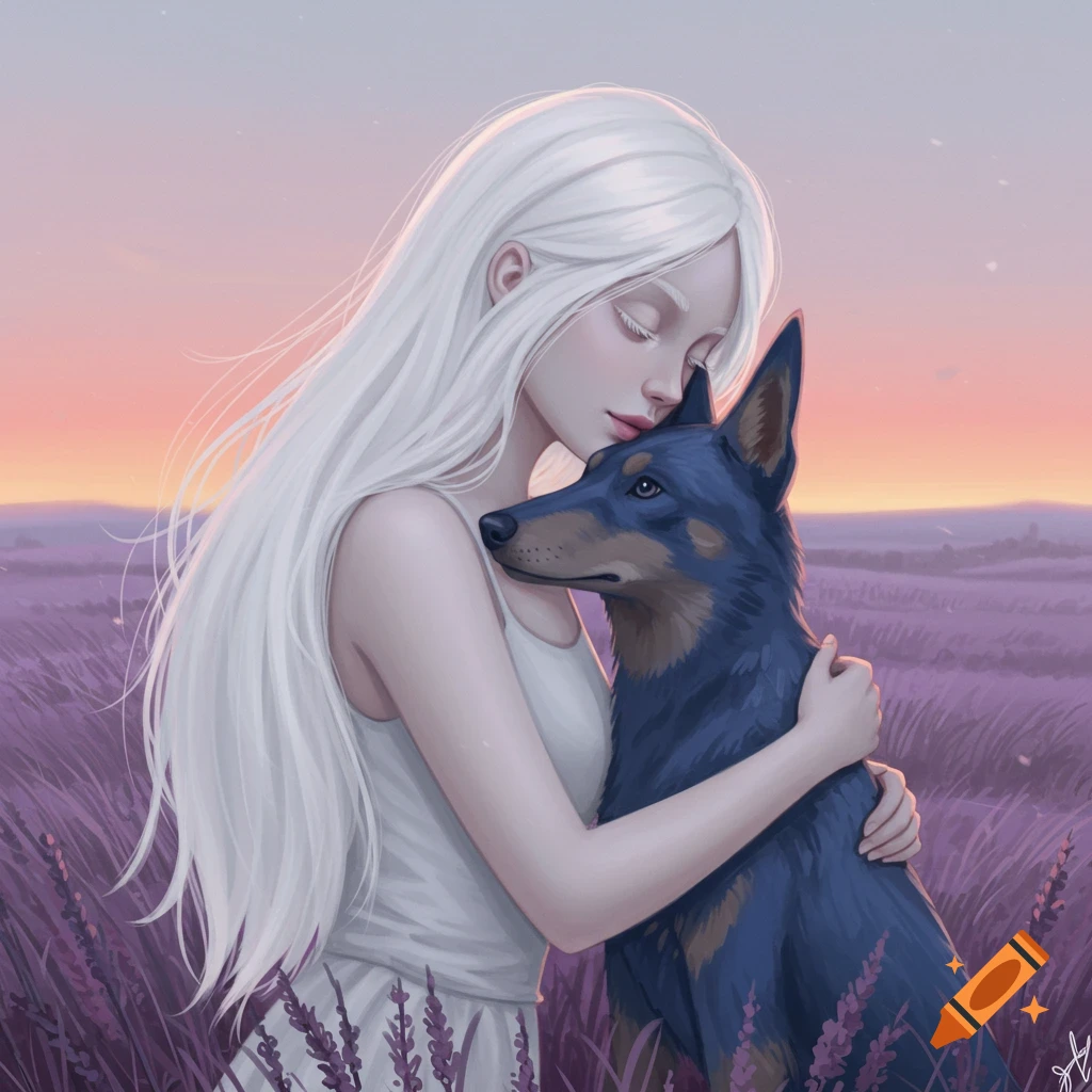 A white-haired girl with closed eyes gently hugs a dark blue dog in a soft purple lavender field at sunset, digital art.