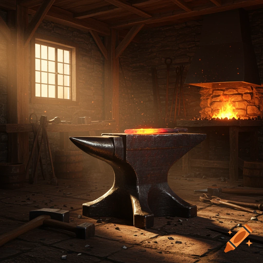 A photorealistic image of a blacksmith's workshop with a large anvil, glowing hot metal, and a fiery forge, illuminated by sunlight.