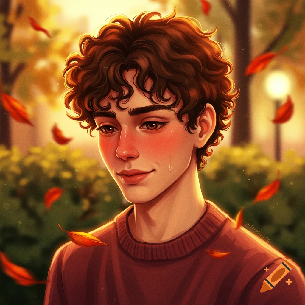 Digital art portrait of a young man with curly brown hair, blushing cheeks, and a tear, in an autumn park with falling leaves.