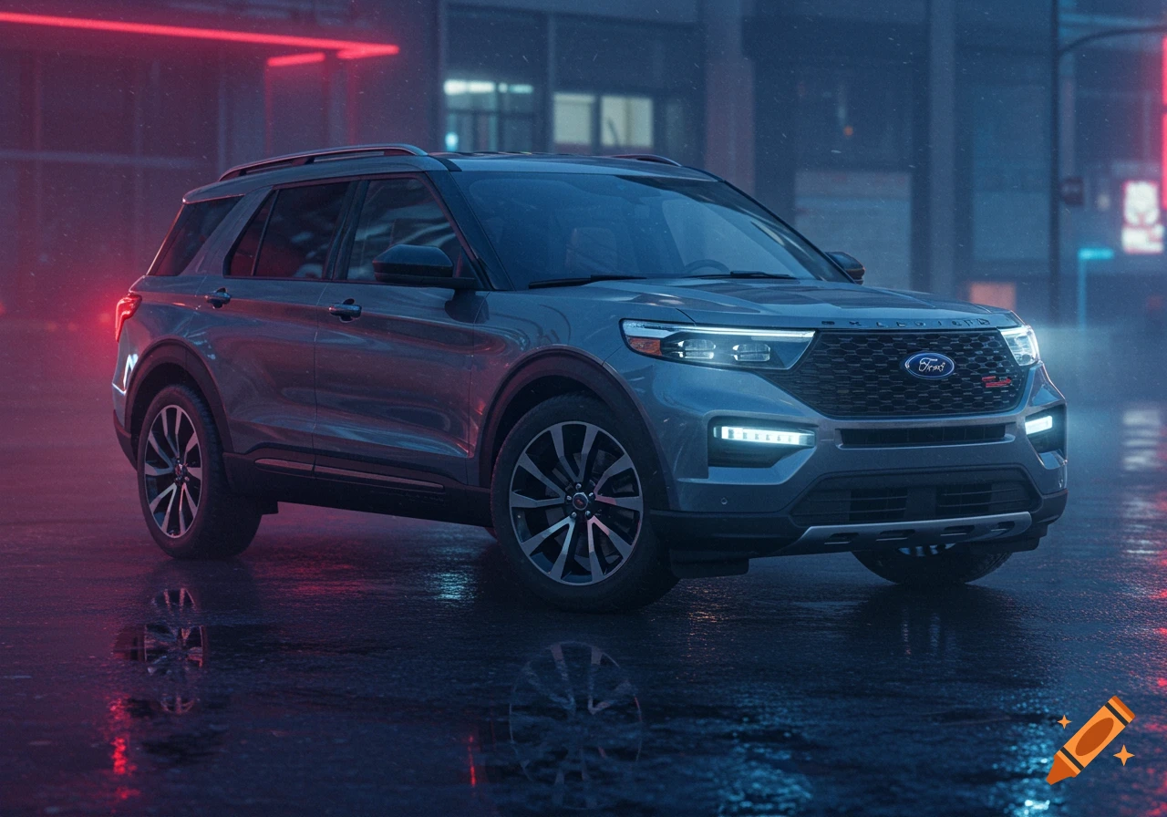 A grey Ford Explorer SUV parked on a wet city street at night, reflecting neon lights.