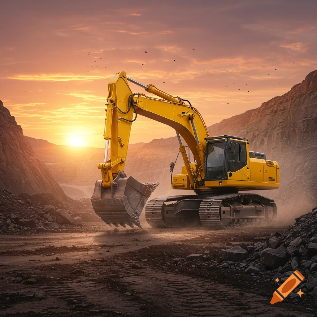 A large yellow excavator sits on a dirt road at a mining site or quarry under a dramatic orange and yellow sunset sky.