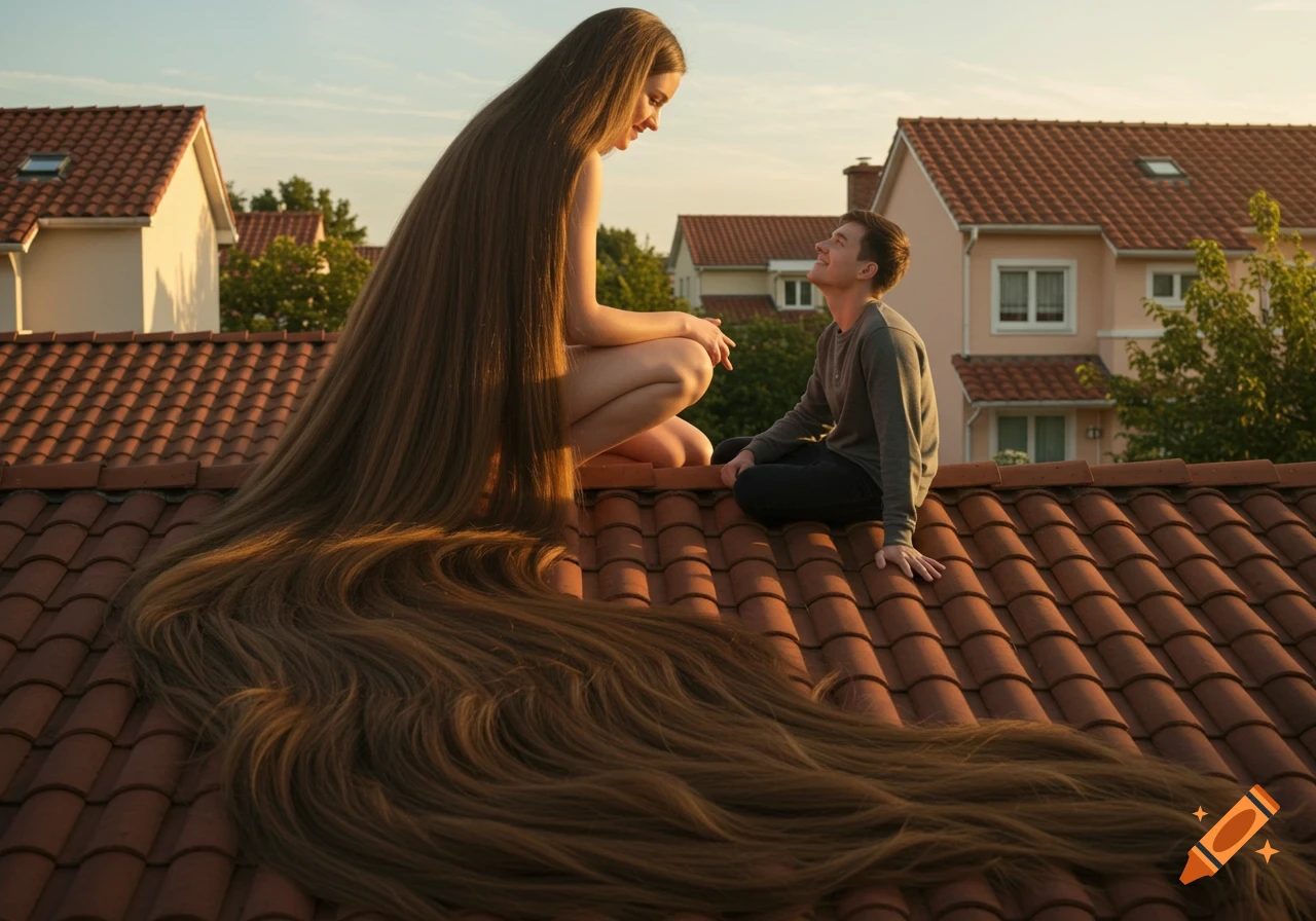 A photorealistic image of a giantess kneeling on a roof with her extremely long hair trailing down, looking at a man sitting beside her.
