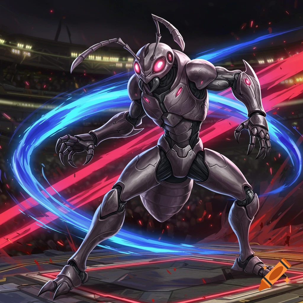 An armored, purple-metallic ant-like creature with glowing red eyes stands in a futuristic arena, surrounded by streaks of blue and red energy.